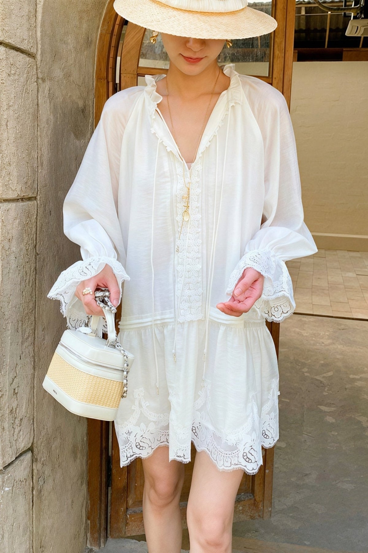 Abito midi in lino e pizzo patchwork Imara