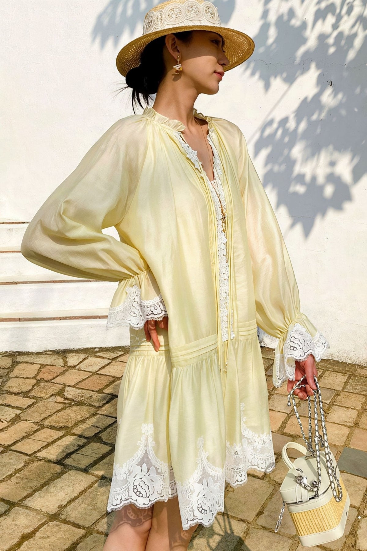 Abito midi in lino e pizzo patchwork Imara