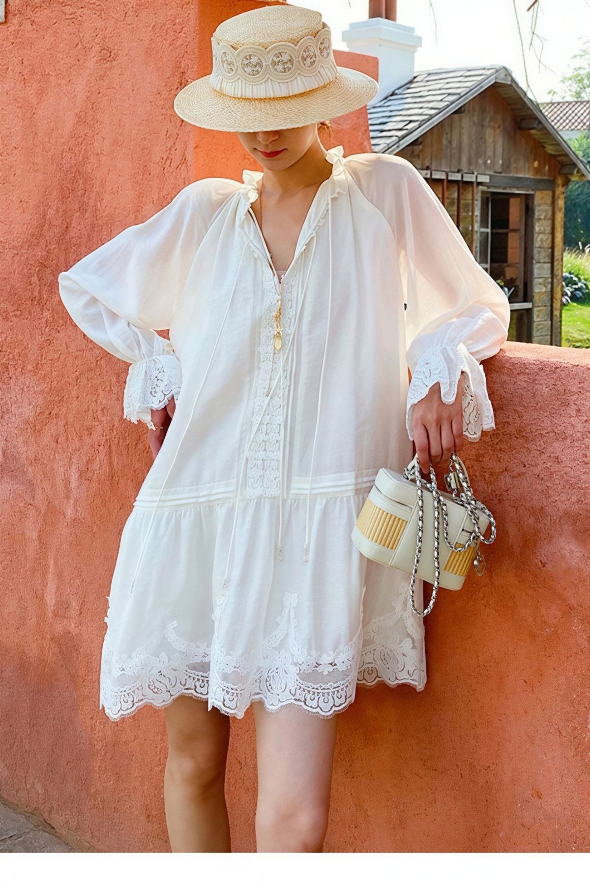 Abito midi in lino e pizzo patchwork Imara