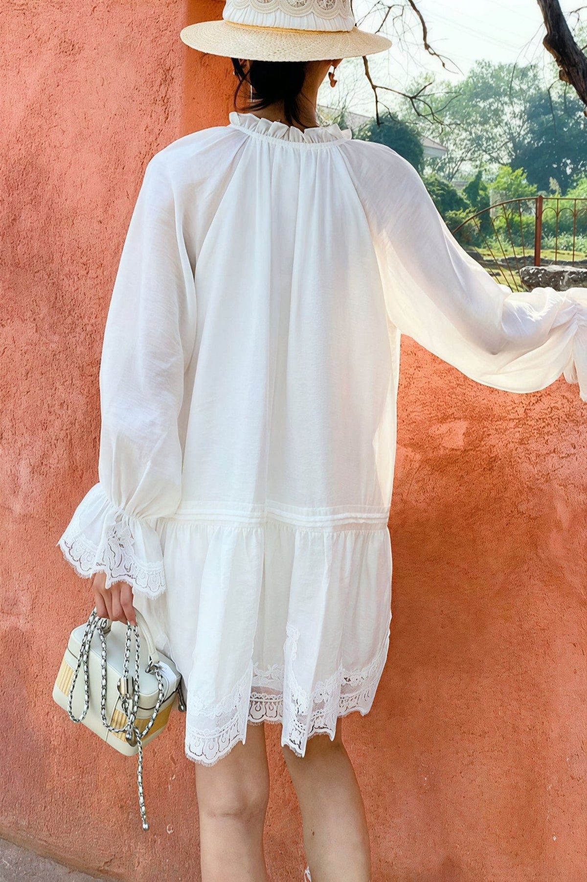 Abito midi in lino e pizzo patchwork Imara