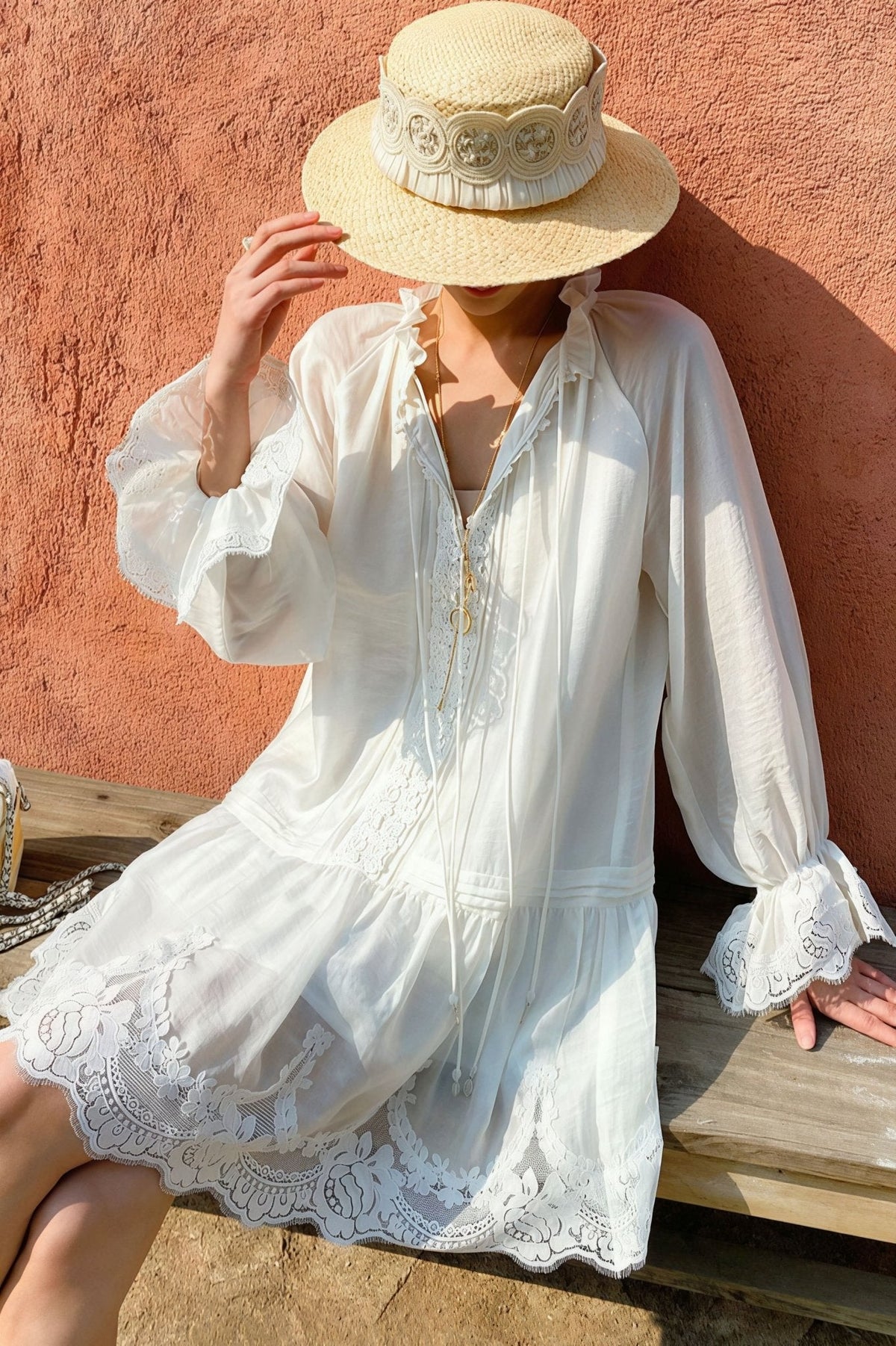Abito midi in lino e pizzo patchwork Imara