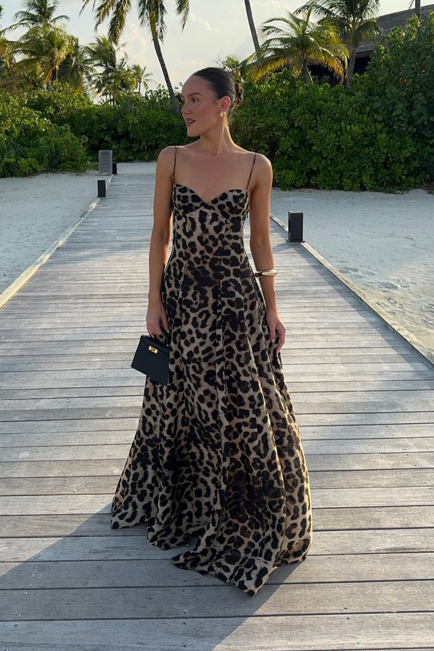 Abito lungo Imogen con stampa leopardata e spalline sottili