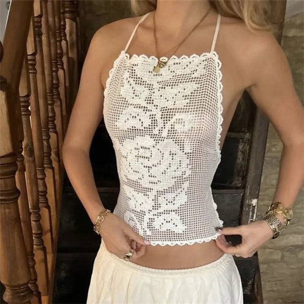 Top a canottiera bohemien all'uncinetto Indigo
