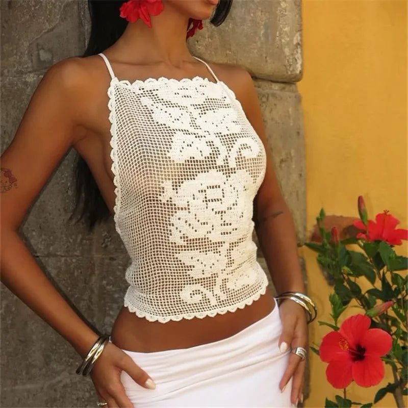 Top a canottiera bohemien all'uncinetto Indigo