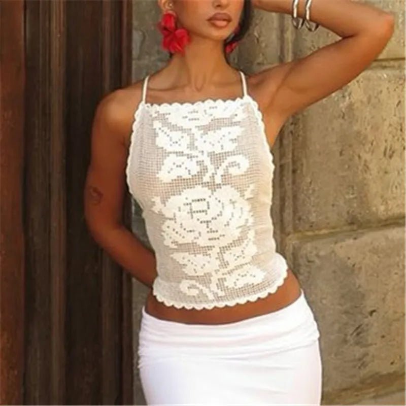 Top a canottiera bohemien all'uncinetto Indigo