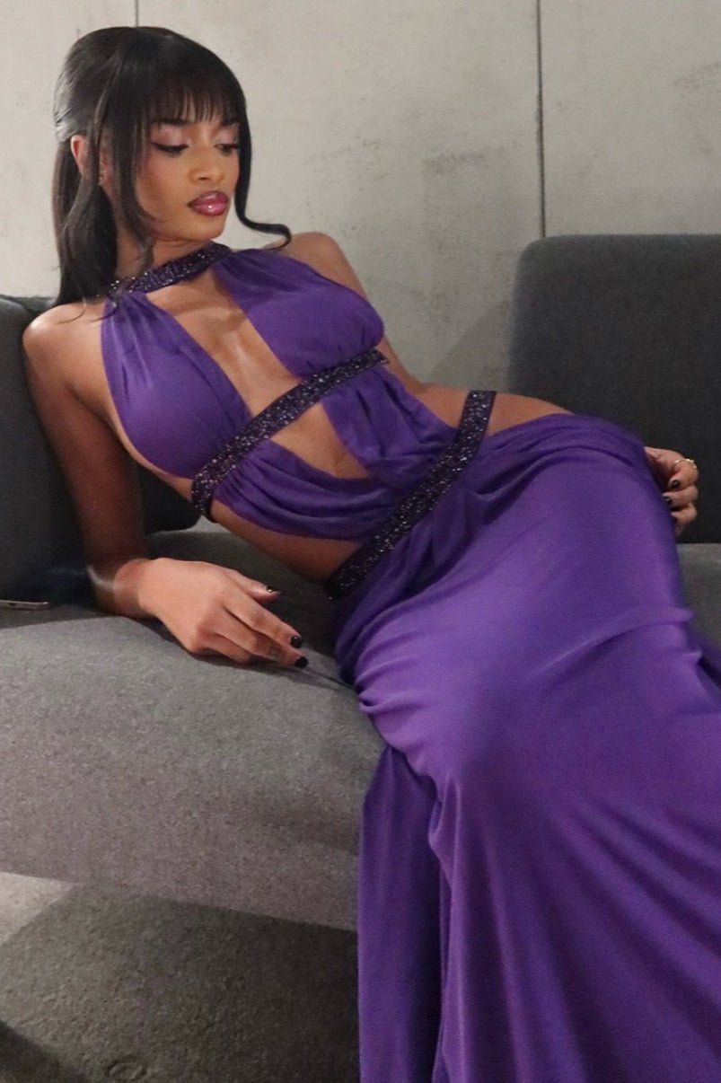 Abito lungo Isolde con arricciature e cut-out