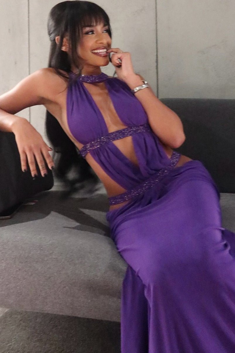 Abito lungo Isolde con arricciature e cut-out