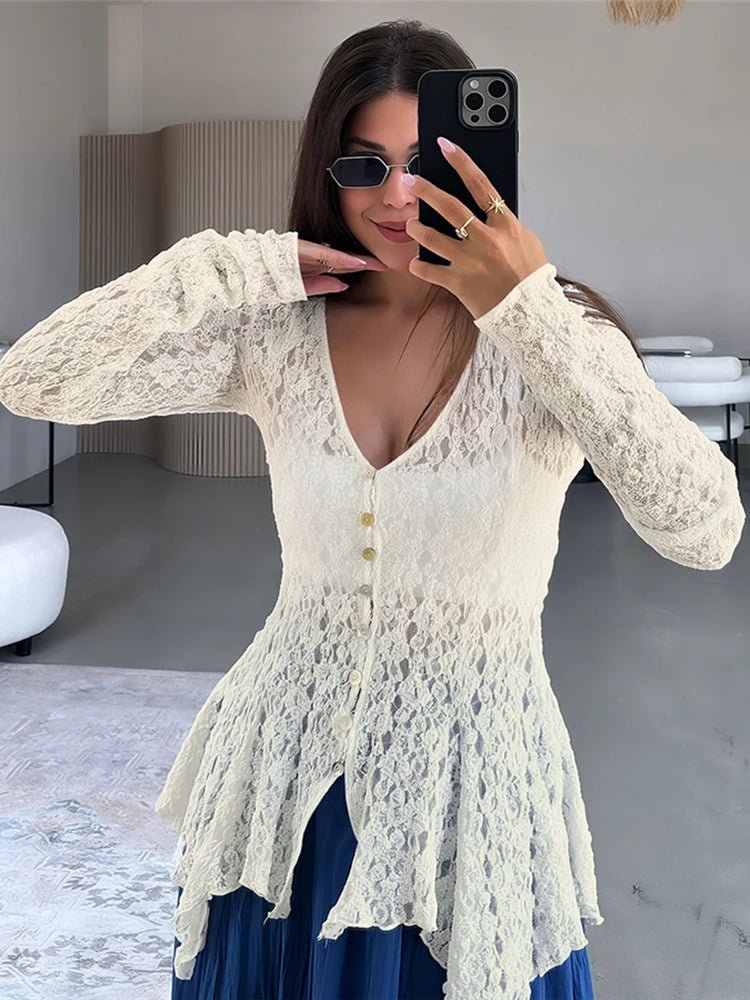 Cardigan Jenna jacquard trasparente con orlo shark