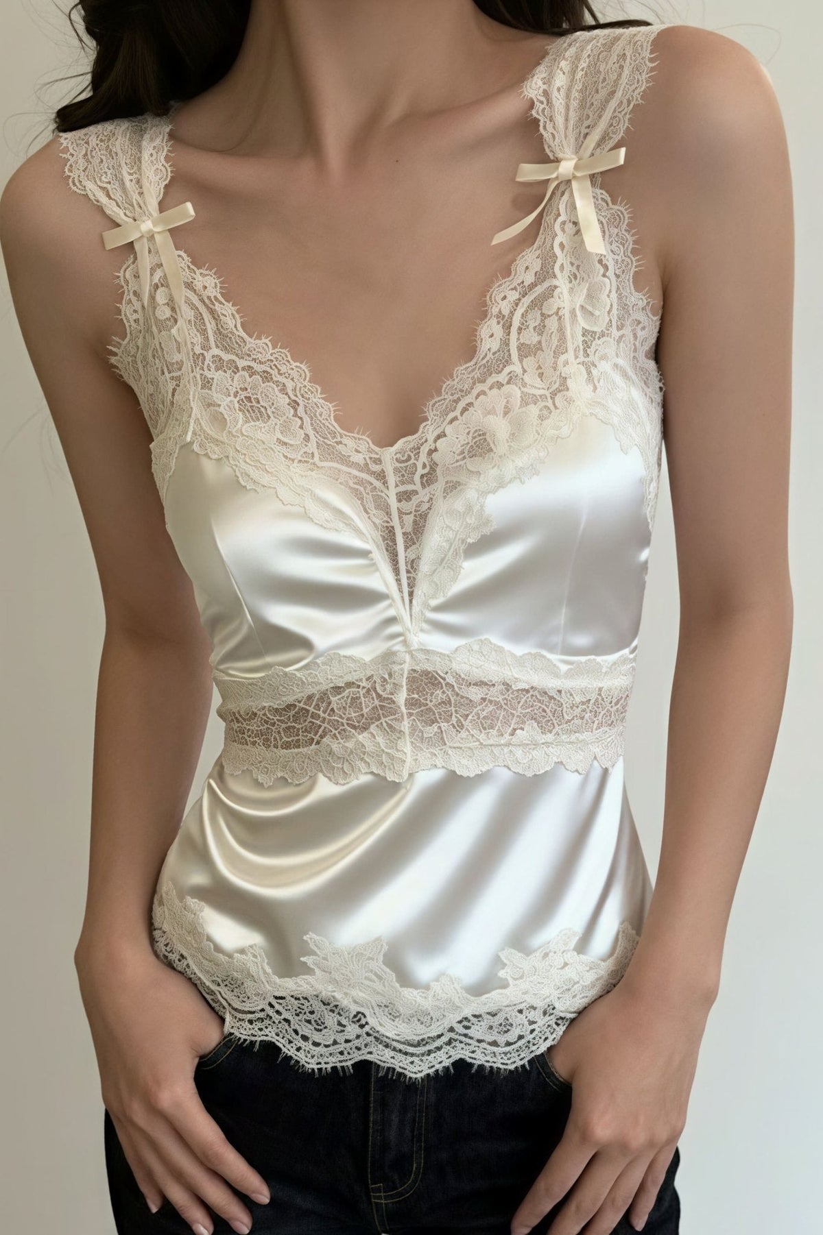 Camicia in raso e pizzo Julianne, senza maniche e con scollo a V