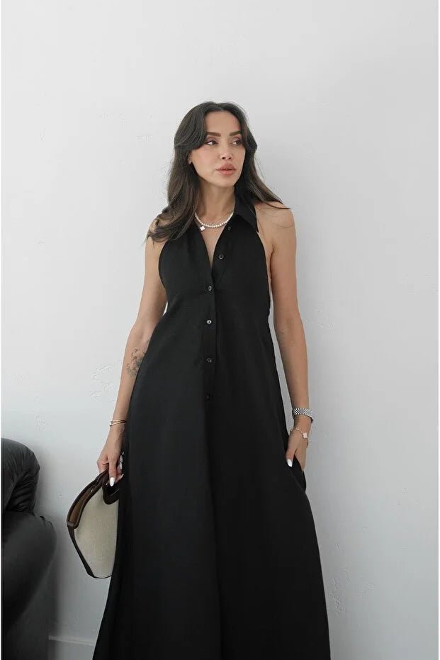Elegante abito lungo Kaya con scollo all'americana