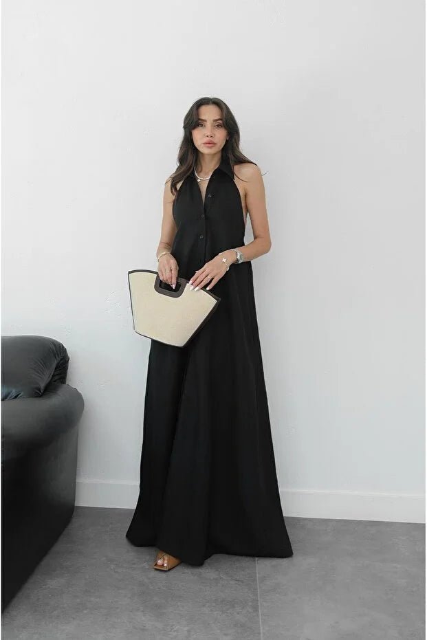 Elegante abito lungo Kaya con scollo all'americana