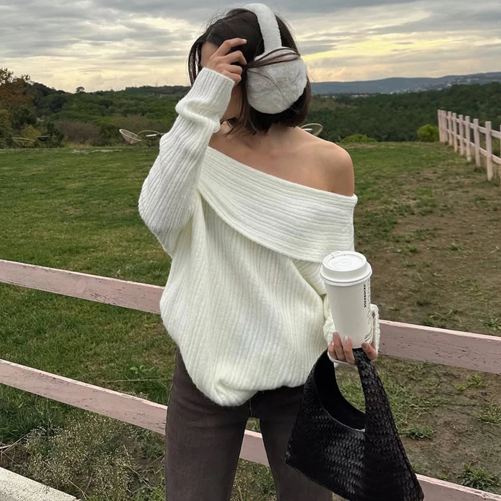 Maglione a coste a spalle scoperte Lina