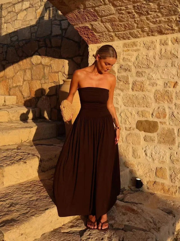 Abito maxi Lauren senza spalline con arricciature