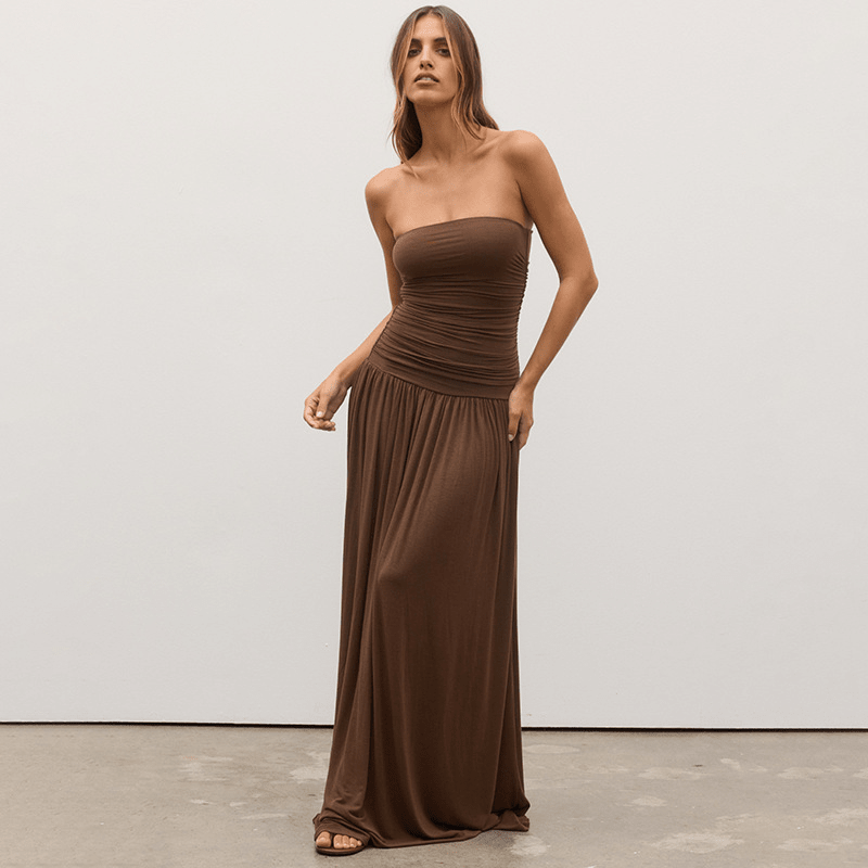 Abito maxi Lauren senza spalline con arricciature