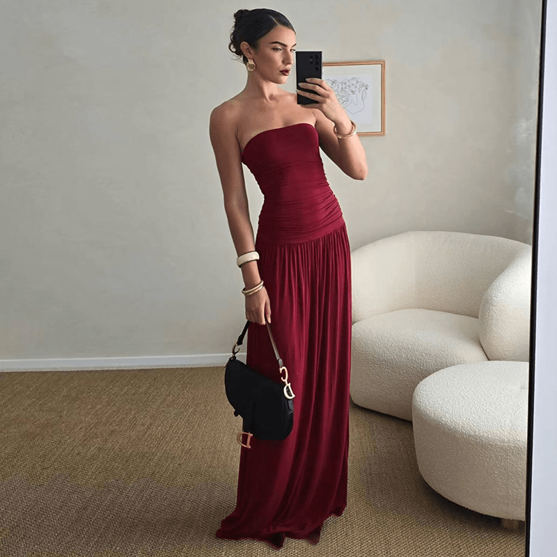 Abito maxi Lauren senza spalline con arricciature
