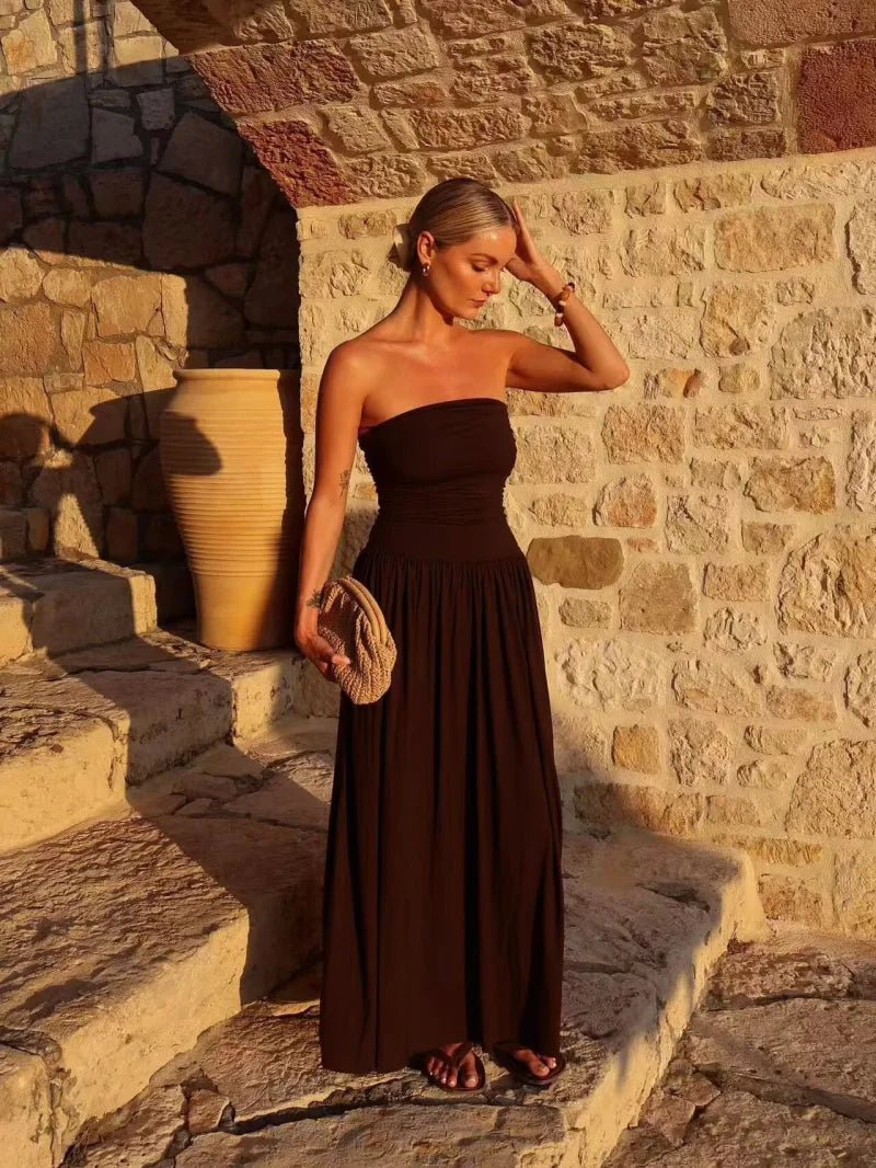 Abito maxi Lauren senza spalline con arricciature