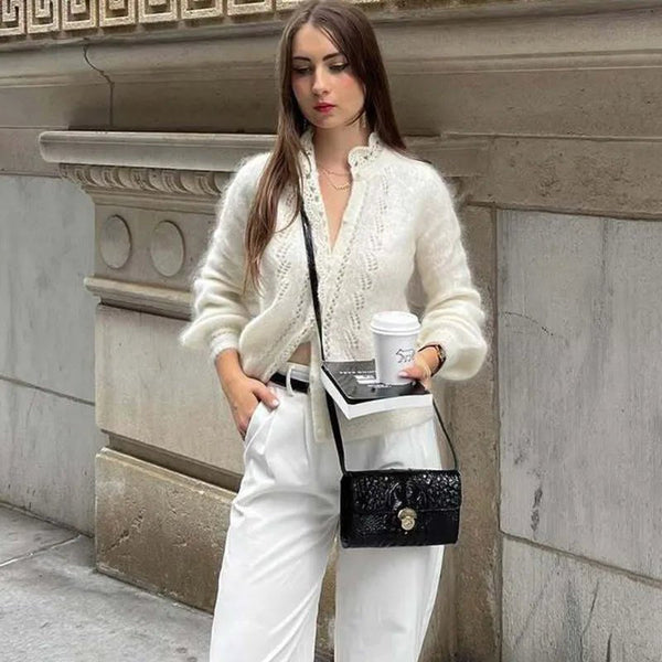 Cardigan Lia bianco in maglia con pizzo