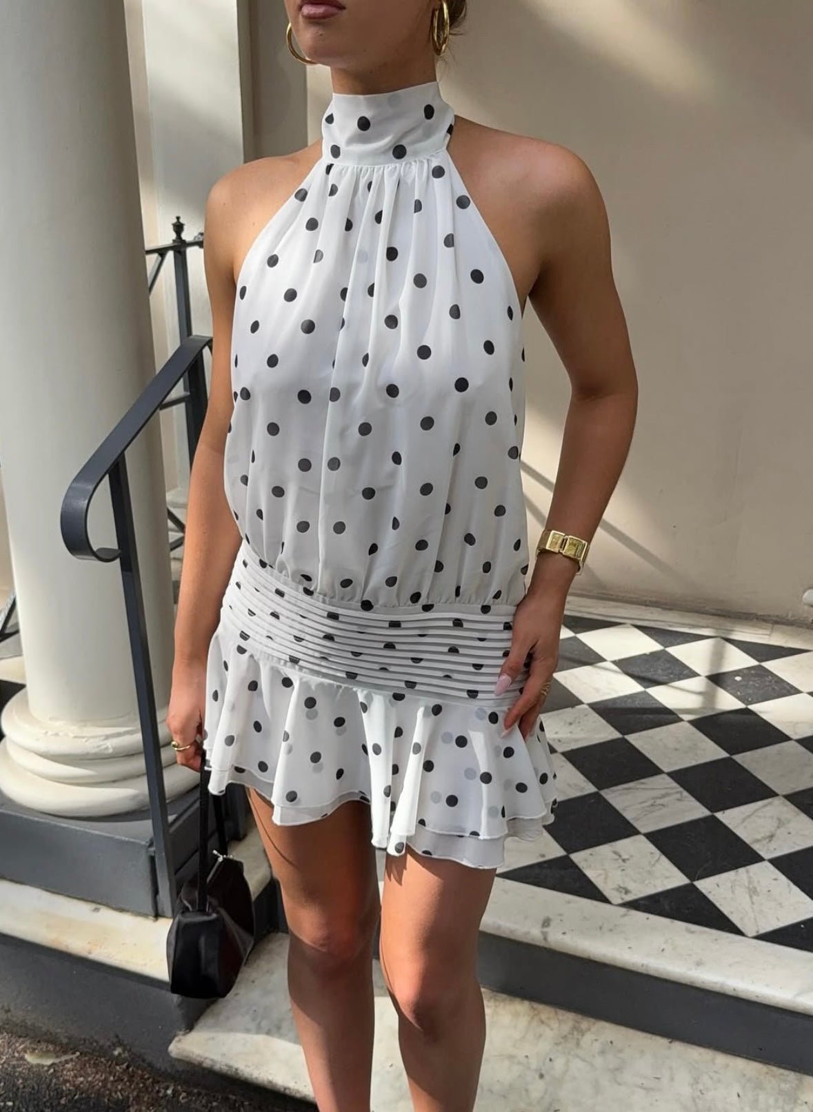 Abito corto Lianna a pois con scollo all'americana