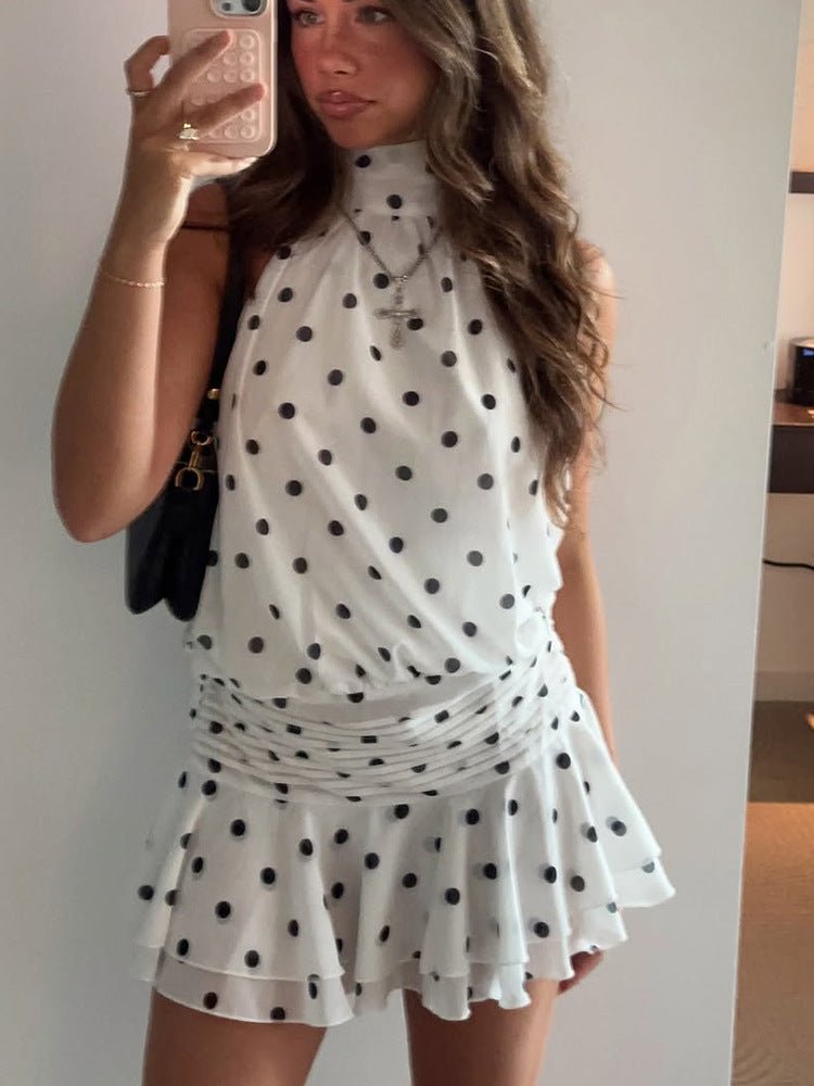 Abito corto Lianna a pois con scollo all'americana