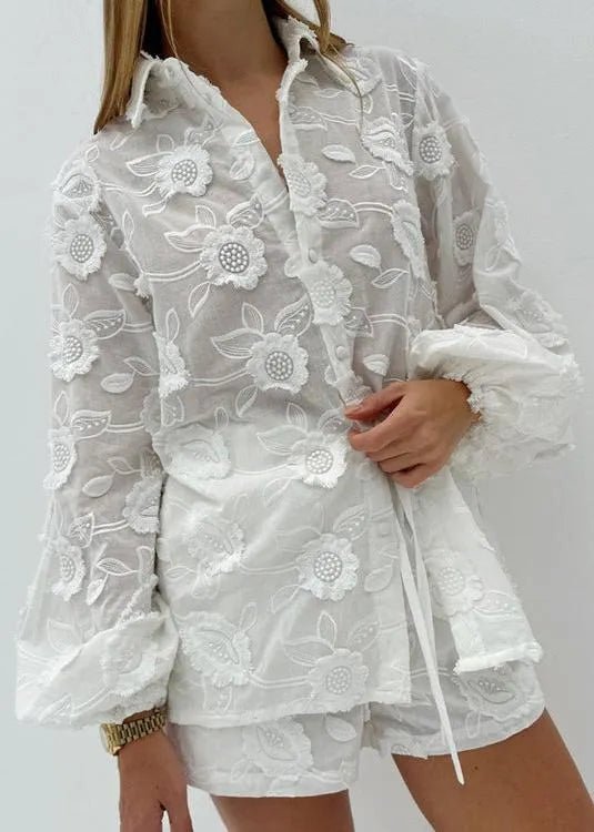 Lily Sheer Embroidered Shirt & High-Waist Shorts Set