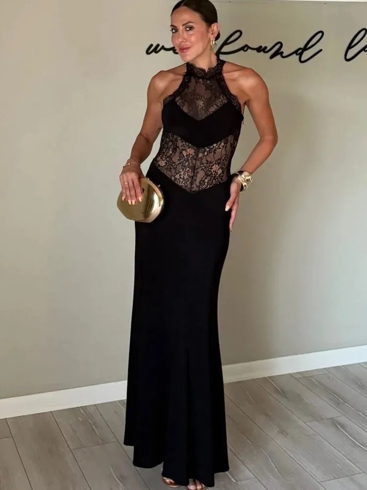 Maxiabito trasparente in pizzo Lindsay con scollo all'americana