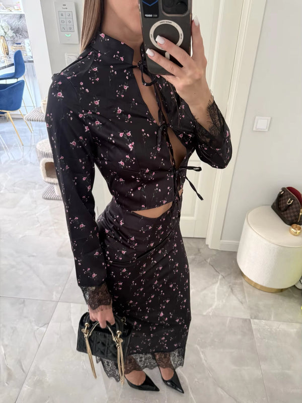 Lisa Lace Trim Floral Hollow Out Top and Maxi Skirt Set