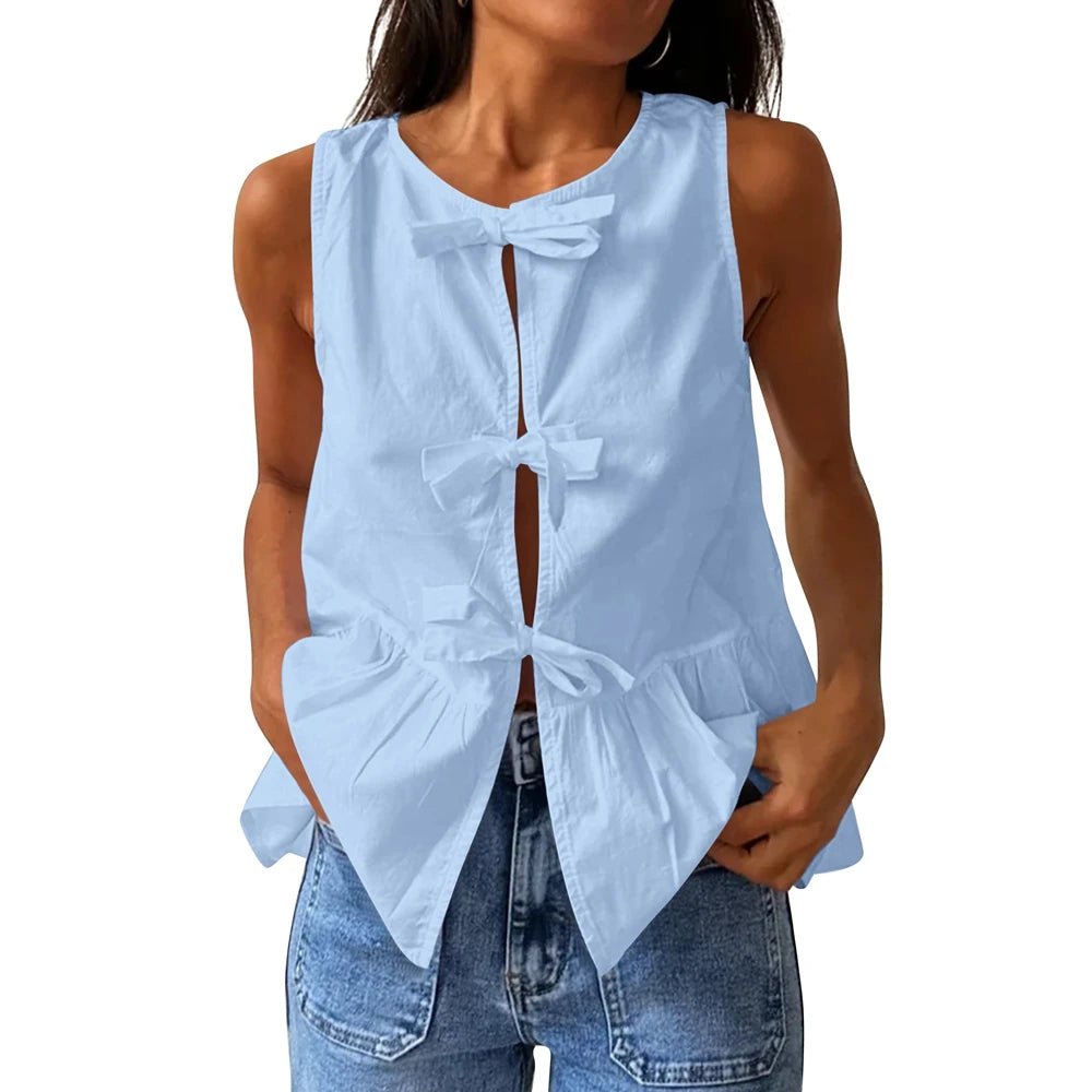 Top smanicato peplum Lisette con fiocco