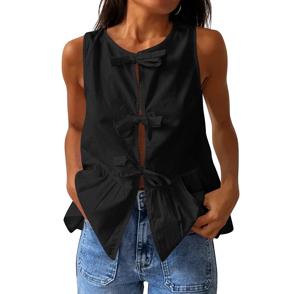Top smanicato peplum Lisette con fiocco