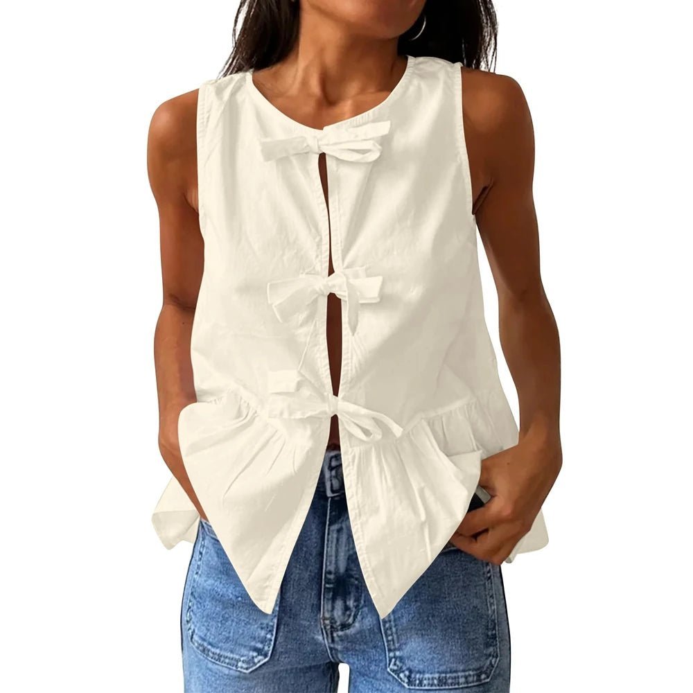 Top smanicato peplum Lisette con fiocco