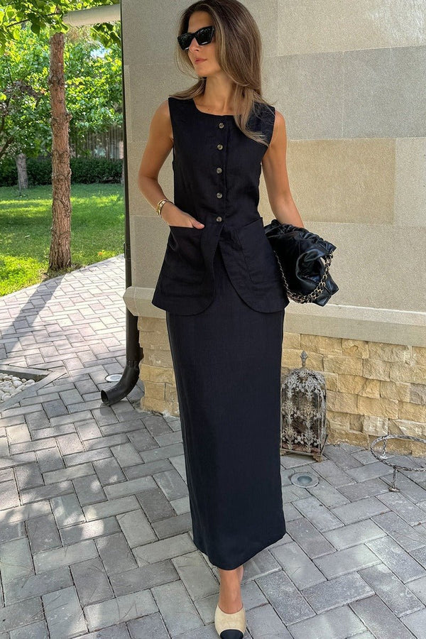 Set Lorelei in lino con gilet e gonna a vita alta