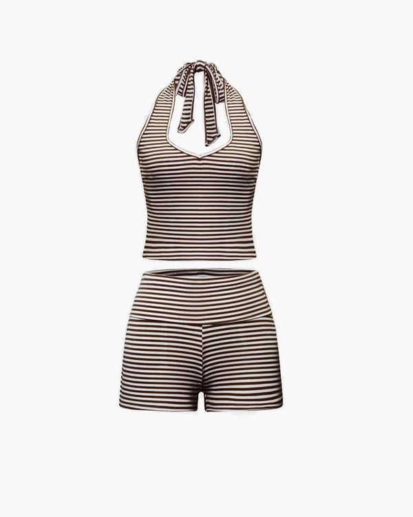 Completo con canotta allacciata al collo a righe e shorts Lucy