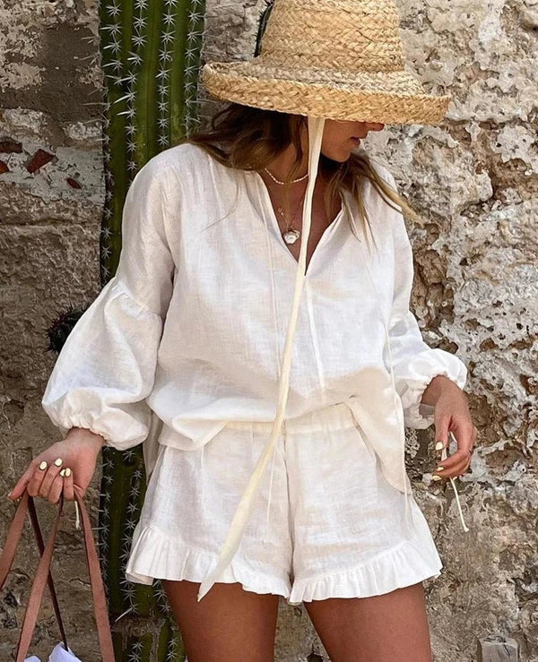Set Luna con top a maniche lunghe e shorts con volant