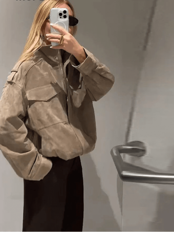 Giacca in pelle scamosciata con collo alto e tasche Marianne