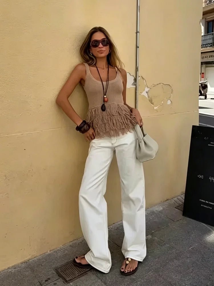 Top a canotta in maglia con nappe Mia