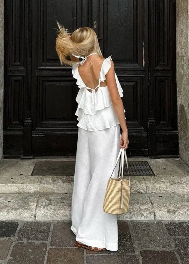 Completo Mila con top fluido con volant e pantaloni a gamba larga