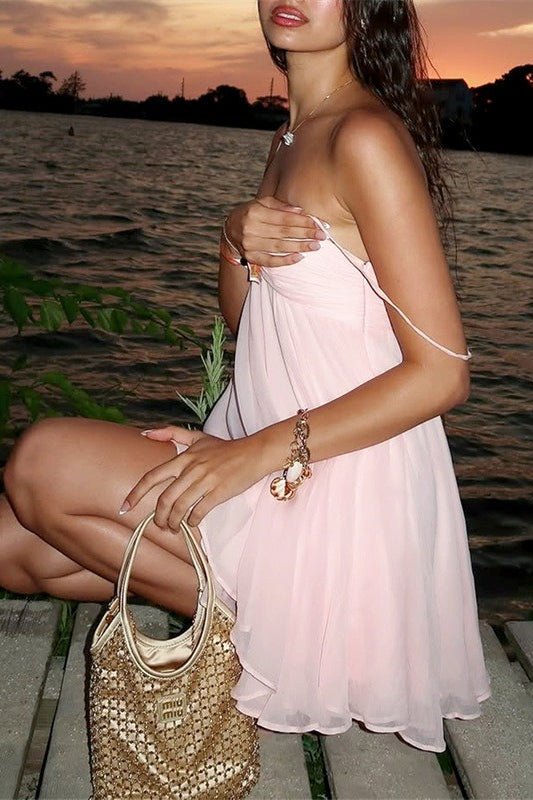 Abito corto in chiffon Mireille con spalle scoperte