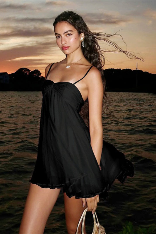 Abito corto in chiffon Mireille con spalle scoperte