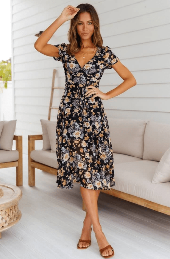 Abito midi floreale con scollo a V Mona