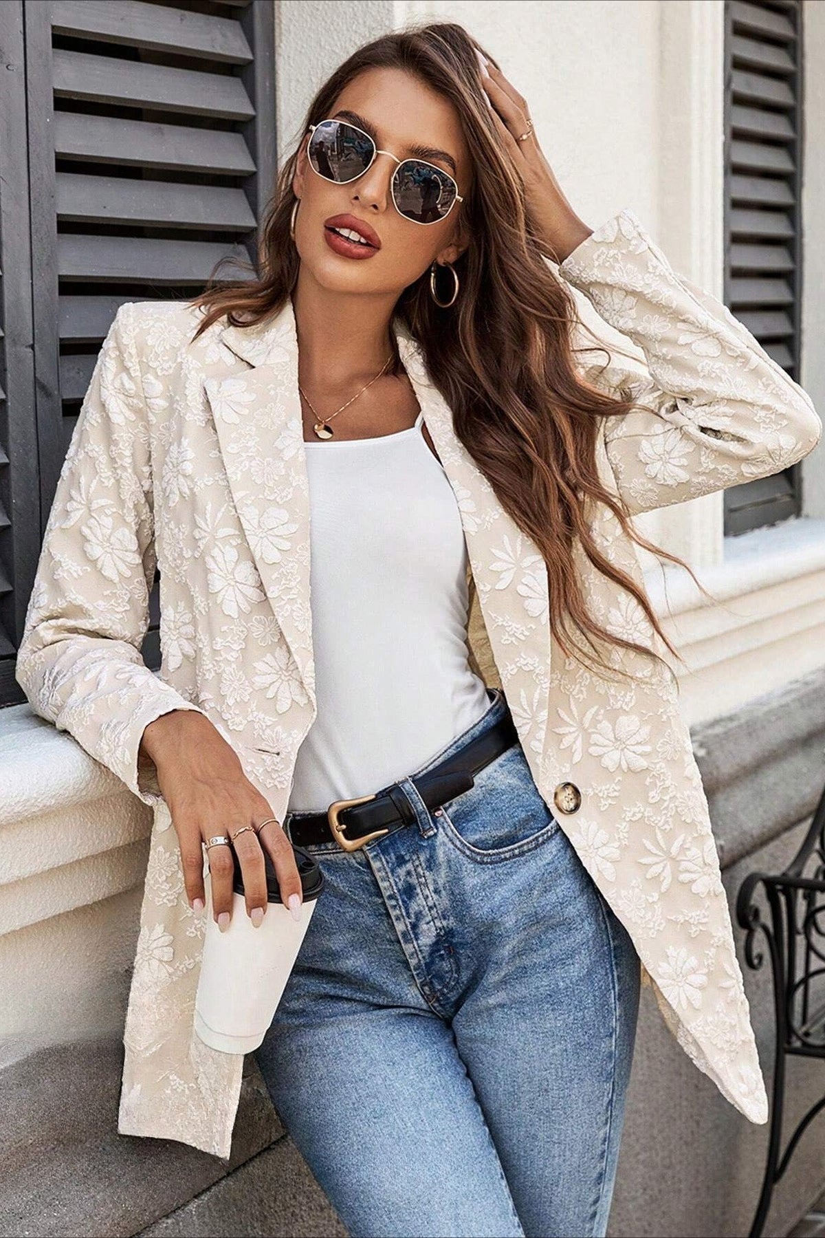 Blazer Nadia in jacquard con un solo bottone