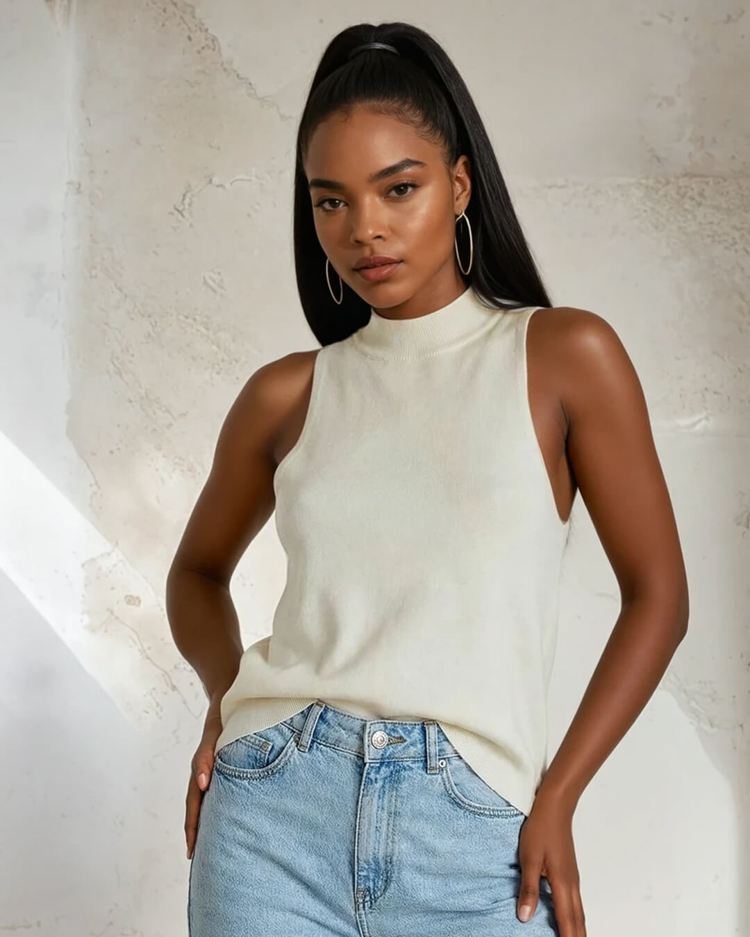 Top corto in maglia smanicato con collo all'americana Nicky