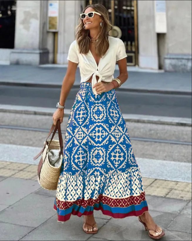 Gonna midi svasata Rhea in stile bohémien con stampa