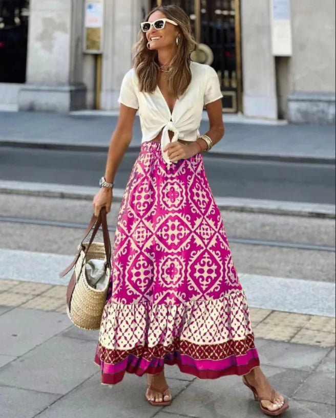 Gonna midi svasata Rhea in stile bohémien con stampa