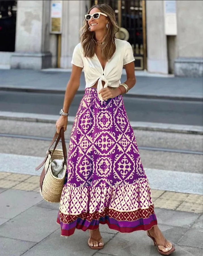 Gonna midi svasata Rhea in stile bohémien con stampa