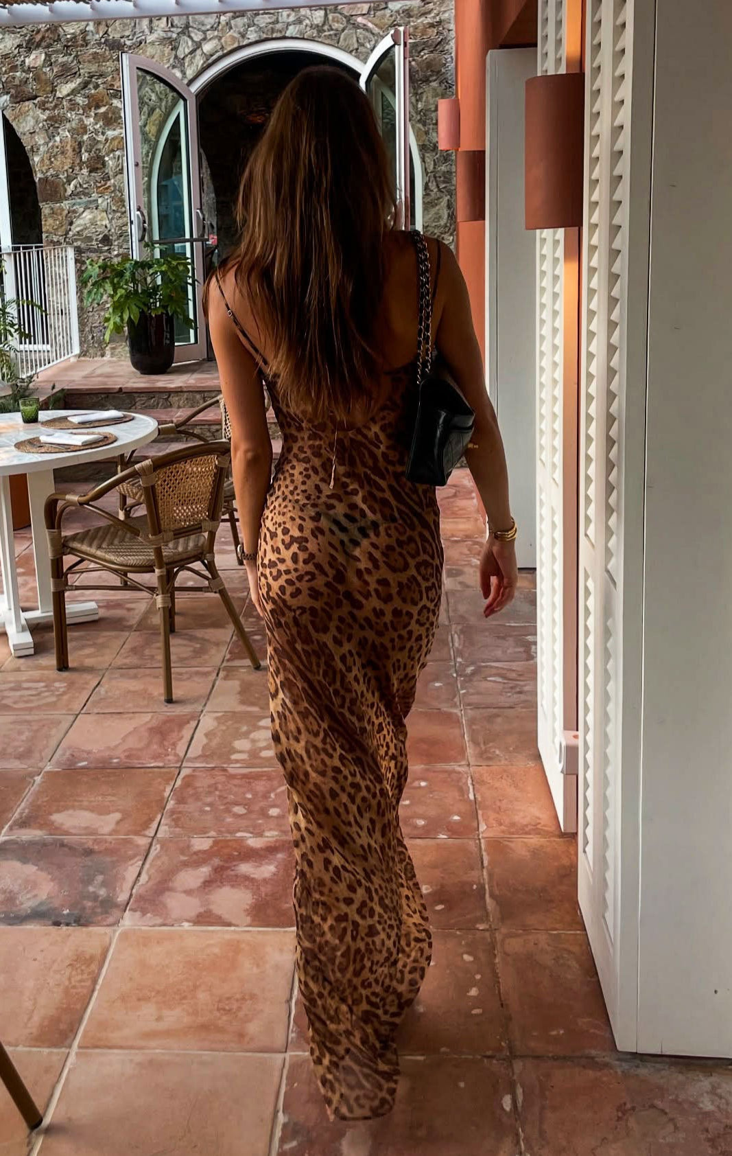 Abito lungo trasparente effetto leopardato con spalline sottili Rocio
