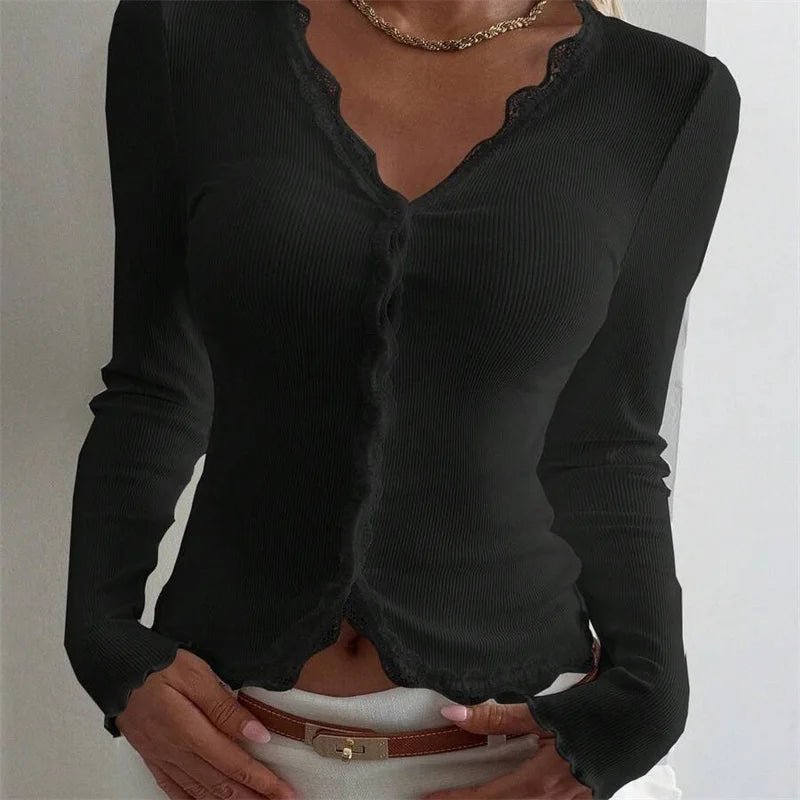 Roxana Ribbed Lace Trim V-Neck Blouse