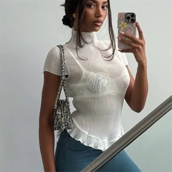 T-shirt a collo alto a coste Sarah