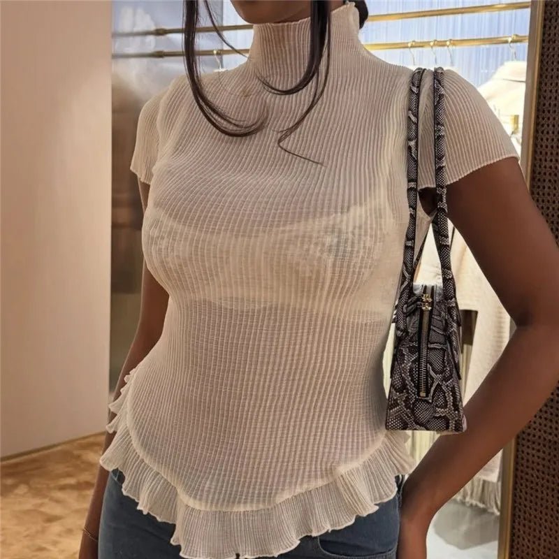 T-shirt a collo alto a coste Sarah