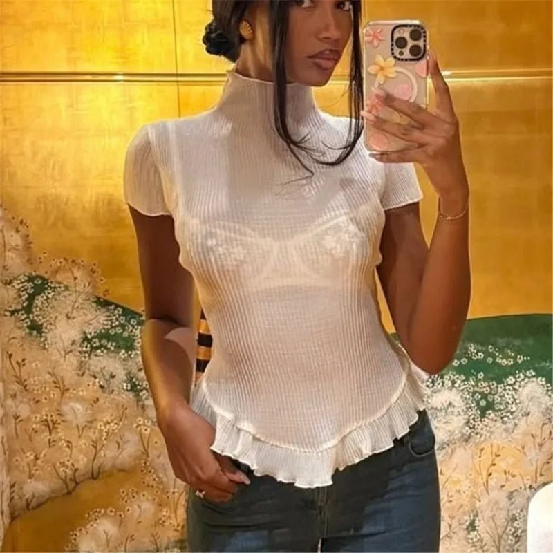 T-shirt a collo alto a coste Sarah