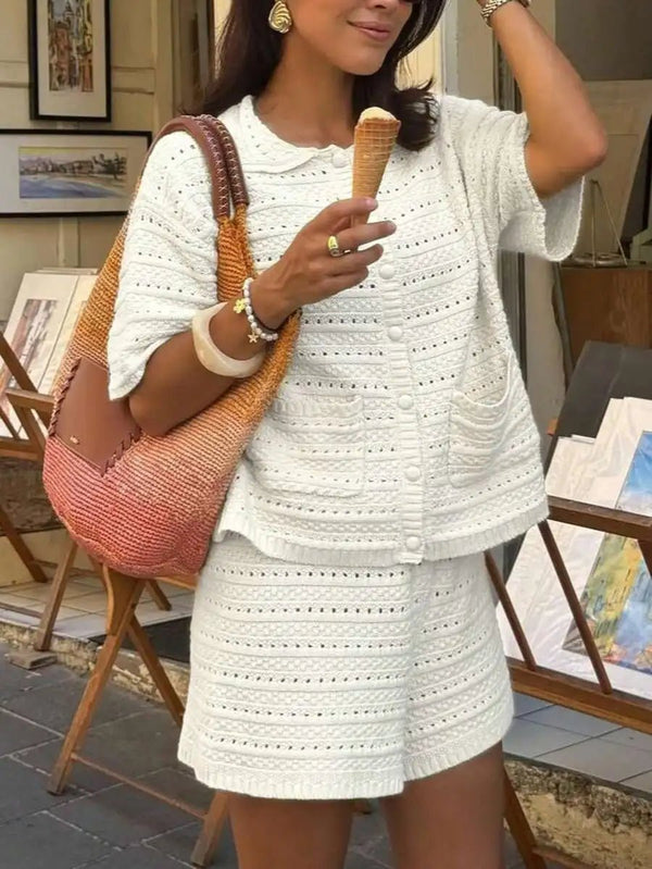 Completo Sasha in maglia tinta unita con cardigan e shorts