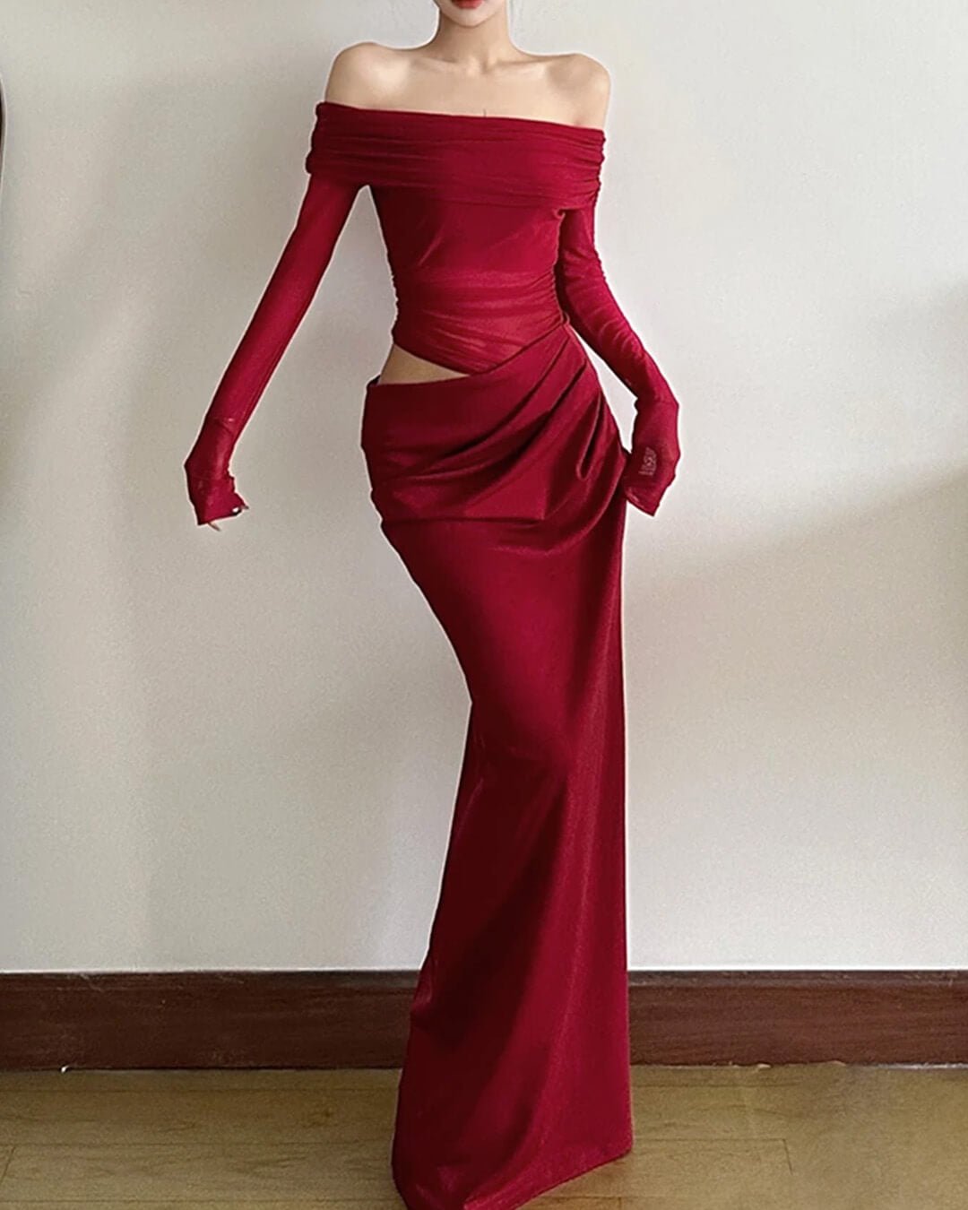 Abito lungo in mesh arricciato Shiela